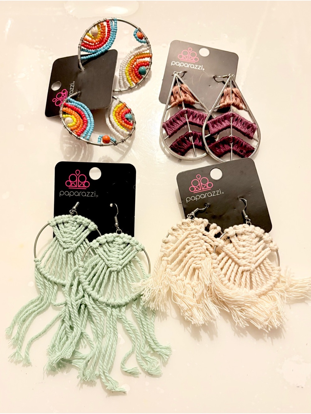 paparazzi Rainbow Beaded & Macramé Earring 4pc Multicolor, Mint, Cream, Purple